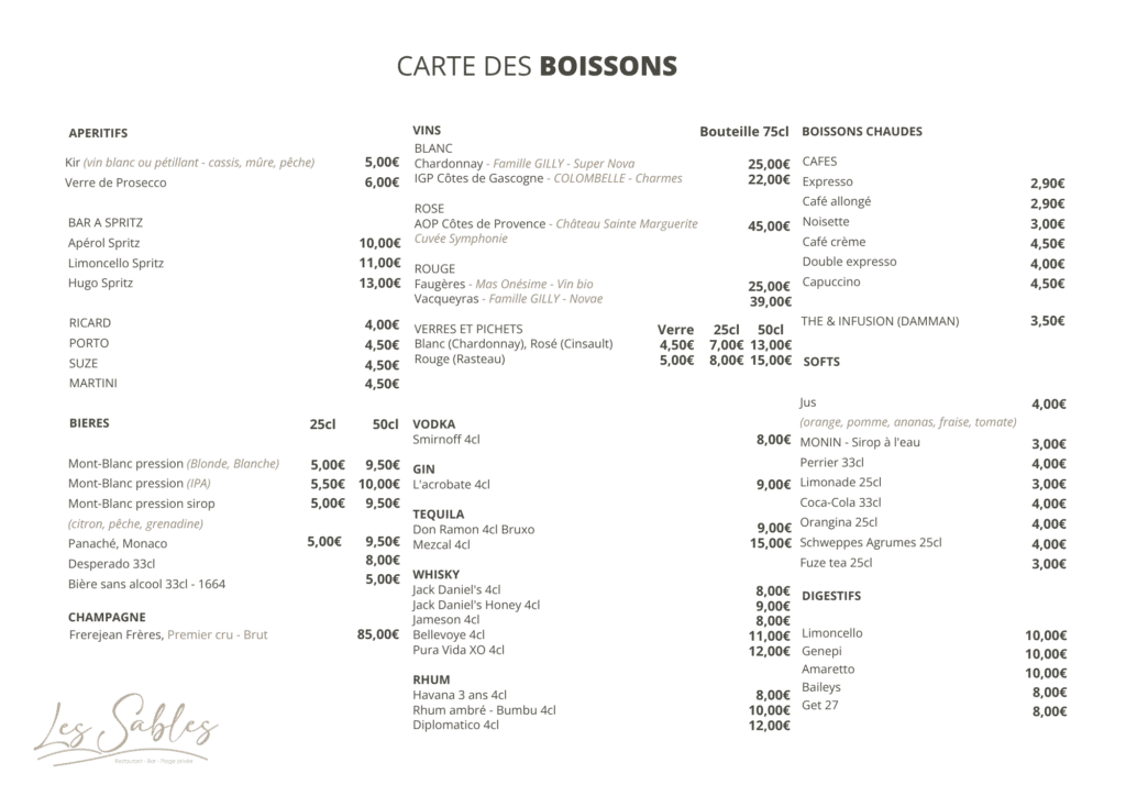 Carte des boissons
