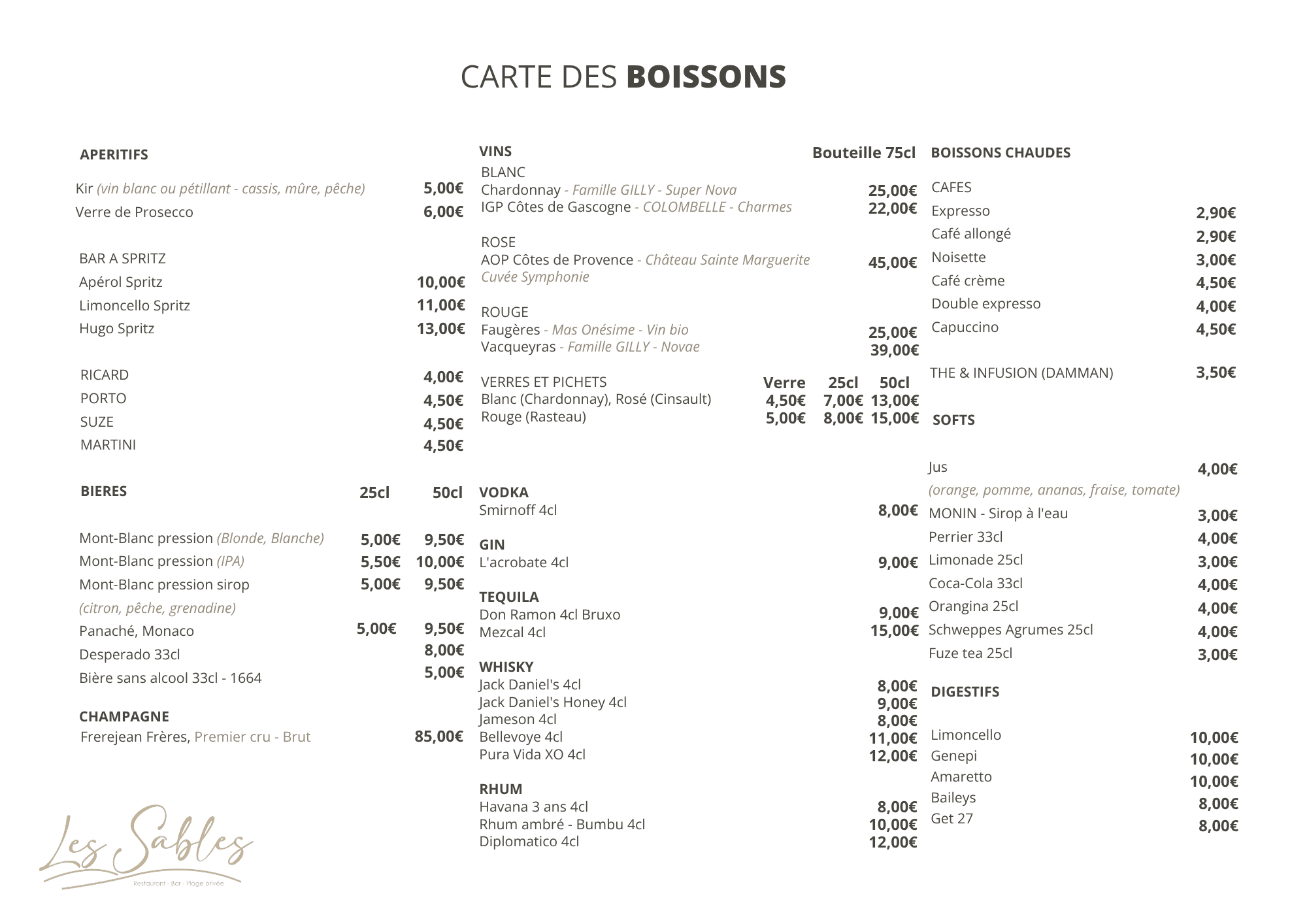 Carte des boissons