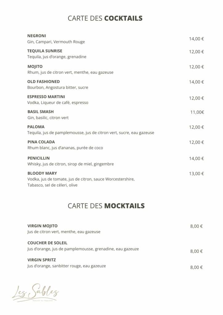 Carte cocktail