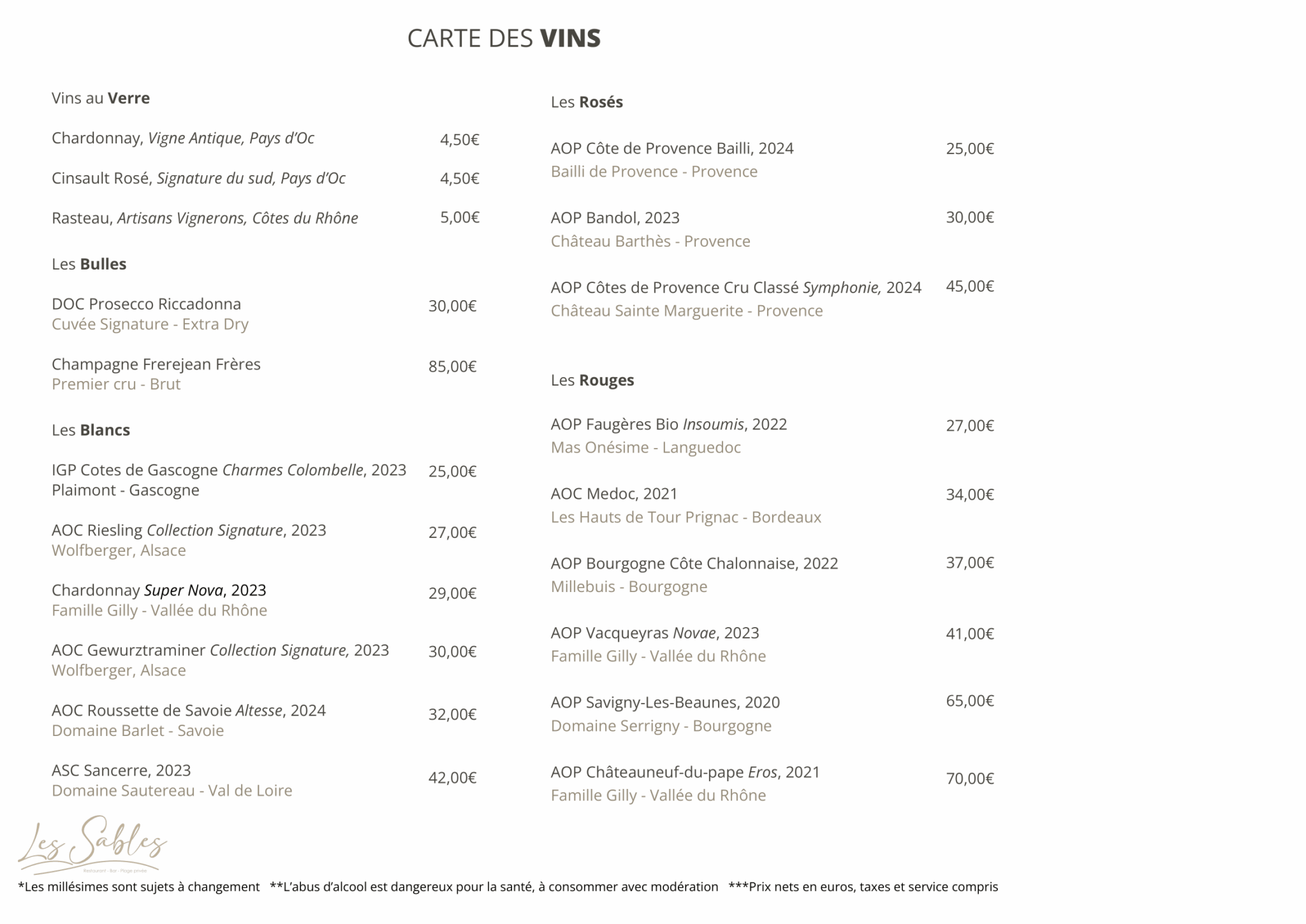 Carte des vins
