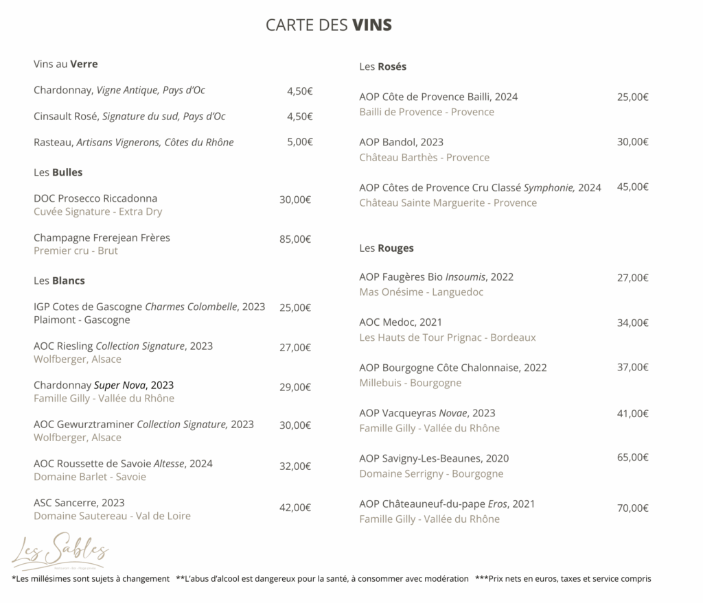 Carte des vins