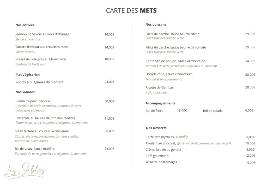 Carte des mets