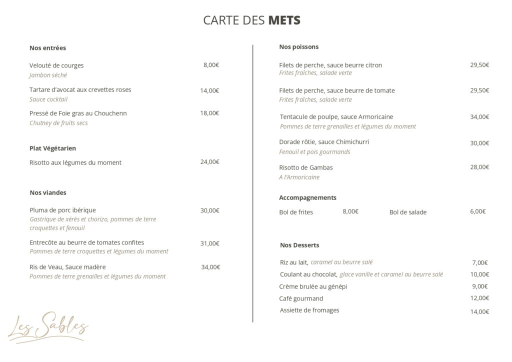 Carte des mets